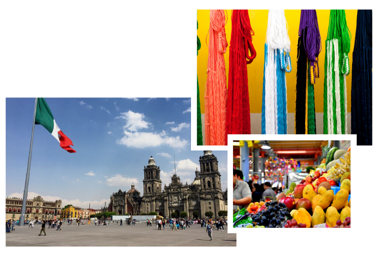 pix-voyage-mexique : montage photo avec la place centrale centro de mexico, stand de fruits au marché et collection de hamacs